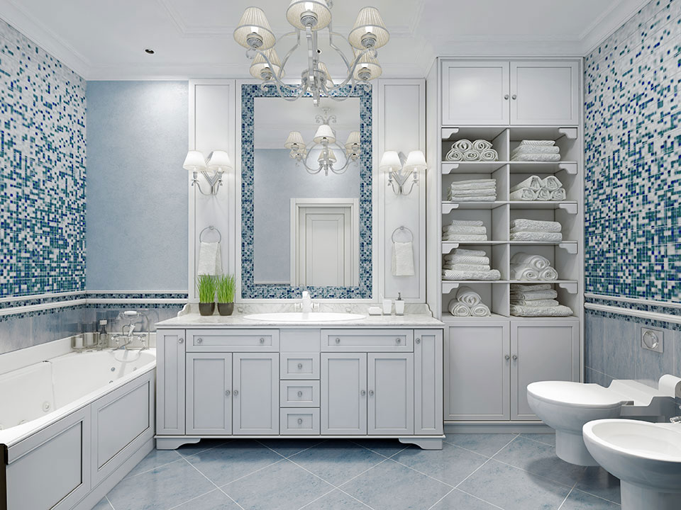 renovated bathroom with blue and white tile backsplash