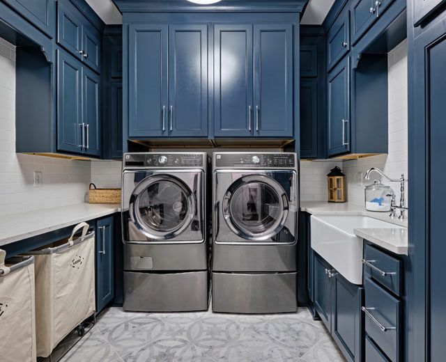 Blue cabinetry for the laundry room